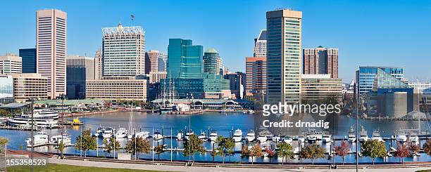 baltimore inner harbor skyline and boats - baltimore maryland stock pictures, royalty-free photos & images