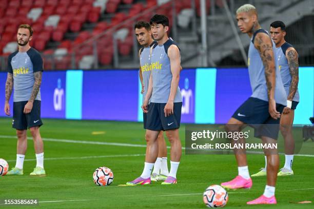 Son Heung-min of Tottenham Hotspur with teammates attends a training session at the Singapore Festival of Football in Singapore on July 25, 2023.