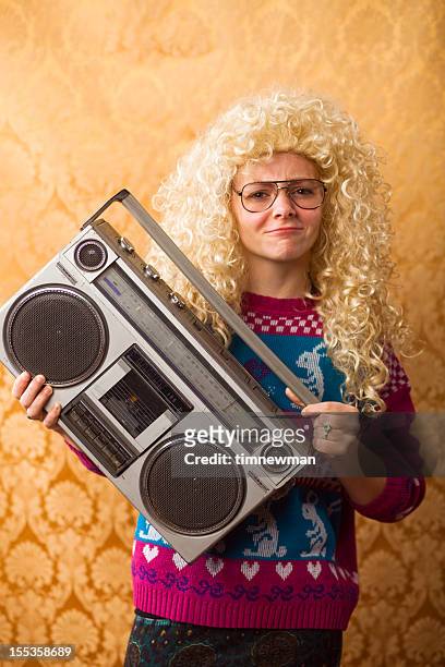 goofy 1980s teenager holding boombox - girls boom box stock pictures, royalty-free photos & images