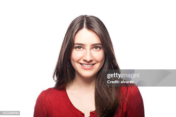 portrait of a smiling young woman - bruine ogen stockfoto's en -beelden