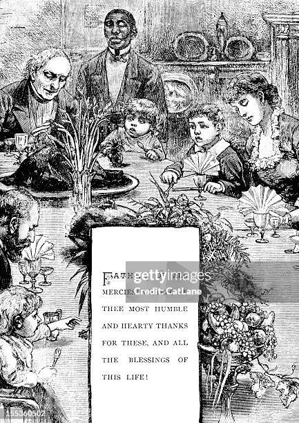 family at thanksgiving table - victorian illustration - thanksgiving spread stock illustrations