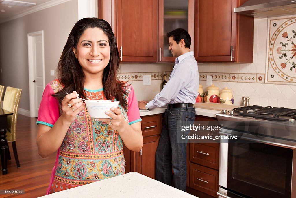 Indowestern Woman Eating Breakfast at Home