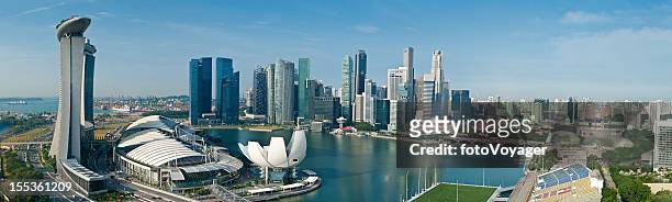singapore marina bay aerial cityscape panorama - singapore skyline stock pictures, royalty-free photos & images