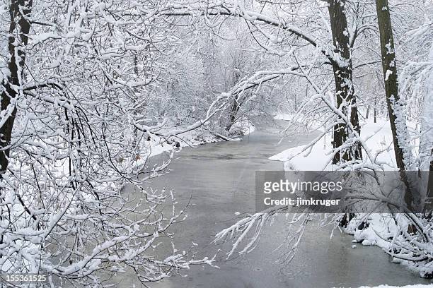winter schneefall und minnehaha creek in minneapolis. - saint paul stock-fotos und bilder