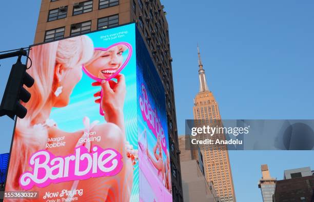 Digital advertisement board displaying a Barbie movie poster is seen in New York, United States on July 24, 2023. Barbie film hits a box office...
