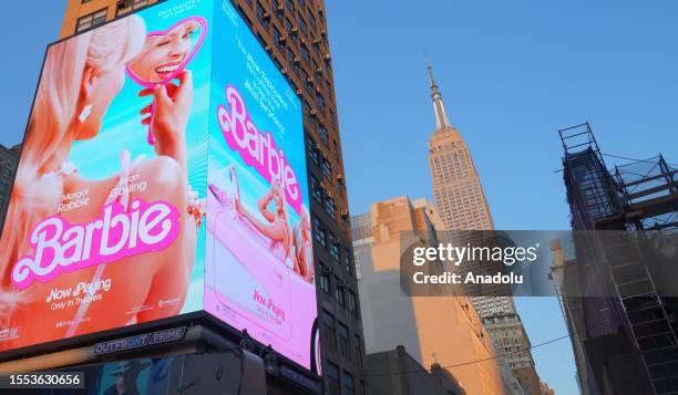 Digital advertisement board displaying a Barbie movie poster is seen in New York, United States on July 24, 2023. Barbie film hits a box office...
