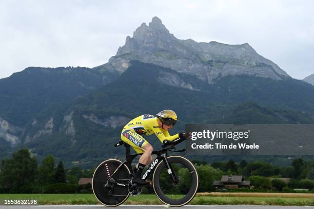 Jonas Vingegaard of Denmark and Team Jumbo-Visma - Yellow Leader Jersey sprints during the stage sixteen of the 110th Tour de France 2023 a 22.4km...