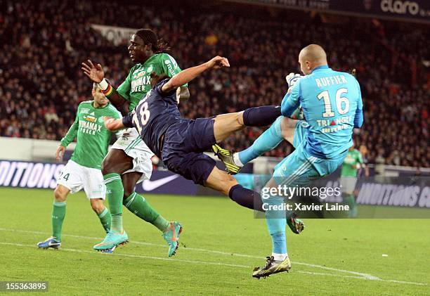 Zlatan Ibrahimomovic of Paris Saint-Germain FC challenges for the ball, which resulted in a red card during the French Ligue 1 between Paris...