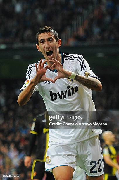 Angel Di Maria of Real Madrid CF celebrates scoring their second goal during the La Liga match between Real Madrid CF and Real Zaragoza at Estadio...