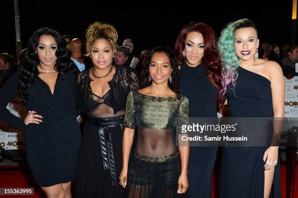 S T-Boz and Chilli pose with Alexandra Buggs , Karis Anderson and Courtney Rumbold of Stoosh at the 2012 MOBO awards at Echo Arena on November 3,...