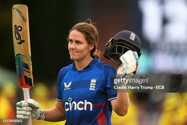 Nat Sciver Brunt of England makes their way off after being dismissed for 129 during the Women's Ashes 3rd We Got Game ODI match between England and...