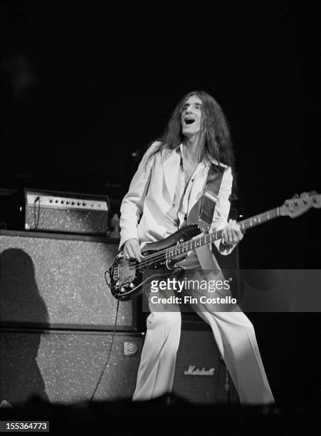 Geddy Lee from Canadian rock band Rush performs live on stage in the USA during the band's 'Fly By Night' tour in April 1975.