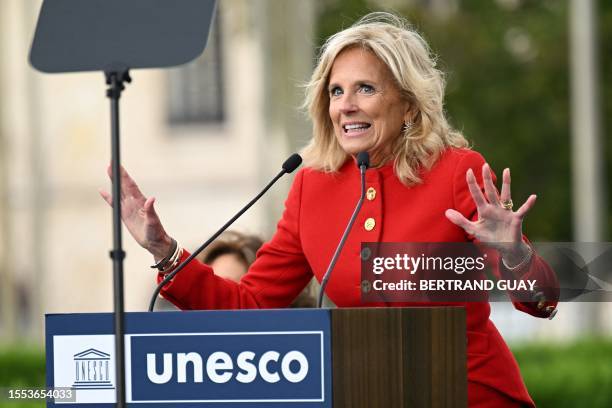 First Lady Jill Biden speaks during a flag raising ceremony for the return of the United States to UNESCO after an over half decade absence at the...