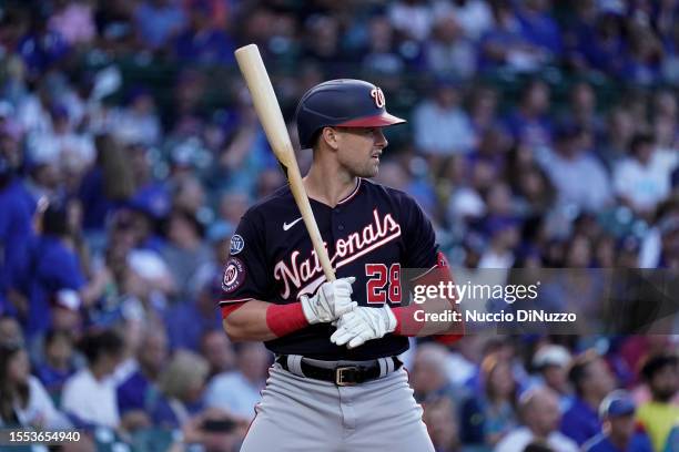 Lane Thomas of the Washington Nationals bats against the Chicago Cubs at Wrigley Field on July 17, 2023 in Chicago, Illinois.