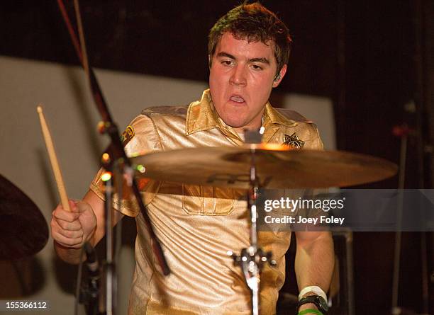 Drummer Andrew Wetzel of Attack Attack! performs onstage in a Halloween costume in concert at The Emerson Theater on October 26, 2012 in...
