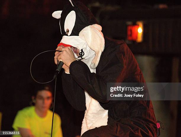 Vocalist Caleb Shomo of Attack Attack! performs onstage in a Halloween costume in concert at The Emerson Theater on October 26, 2012 in Indianapolis,...