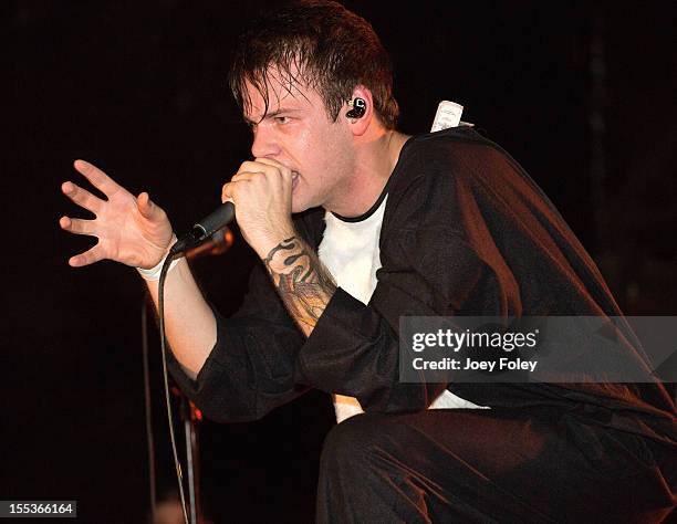 Vocalist Caleb Shomo of Attack Attack! performs onstage in a Halloween costume in concert at The Emerson Theater on October 26, 2012 in Indianapolis,...