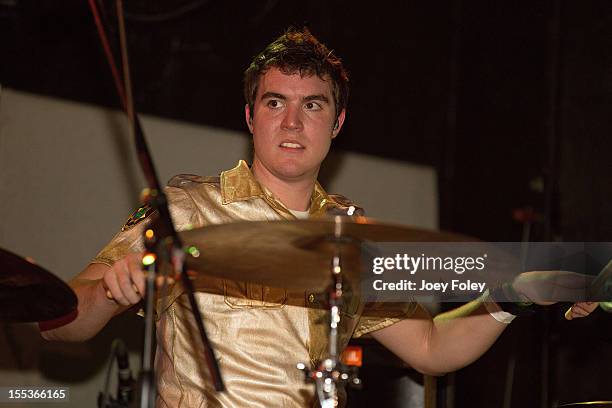 Drummer Andrew Wetzel of Attack Attack! performs onstage in a Halloween costume in concert at The Emerson Theater on October 26, 2012 in...