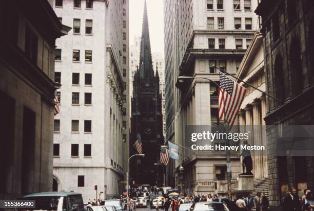 Trinity Church, and the Federal Hall on Wall Street, New York City, circa 1960.
