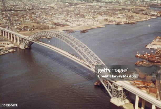 The Bayonne Bridge, which links New Jersey to Staten Island over the Kill Van Kull in New York City, circa 1960.