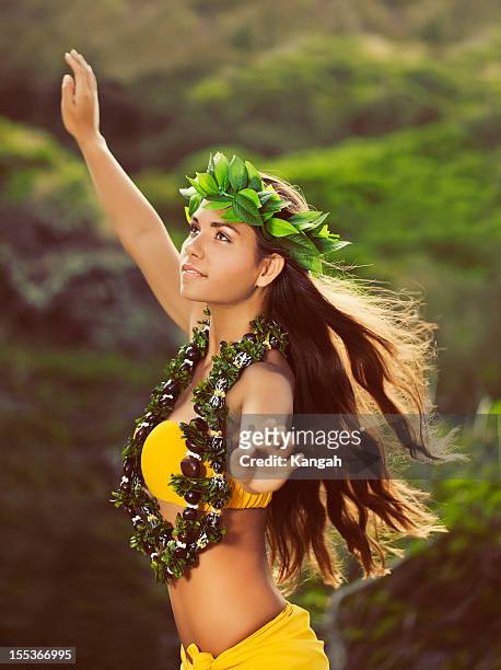 wunderschöne hula-tänzer - lei day hawaii stock-fotos und bilder