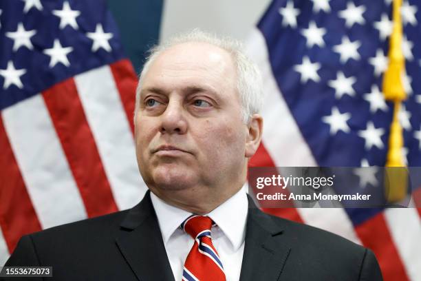 House Majority Leader Rep. Steve Scalise listens during a press conference following a House Republican Conference meeting at the U.S. Capitol...