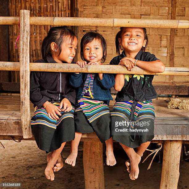three little girls in northern laos - laos stockfoto's en -beelden
