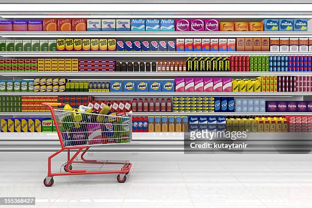 panier d'achat dans le supermarché. - empty supermarket shelves photos et images de collection