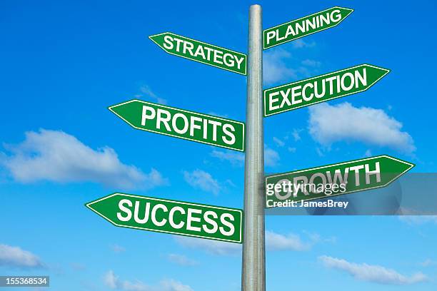 planning, strategy, execution, profits, growth, success directional sign - avrättningsutrustning bildbanksfoton och bilder