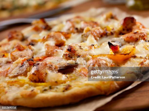 grilled chicken and roasted pepper pizza - chicken parmigiana stock pictures, royalty-free photos & images