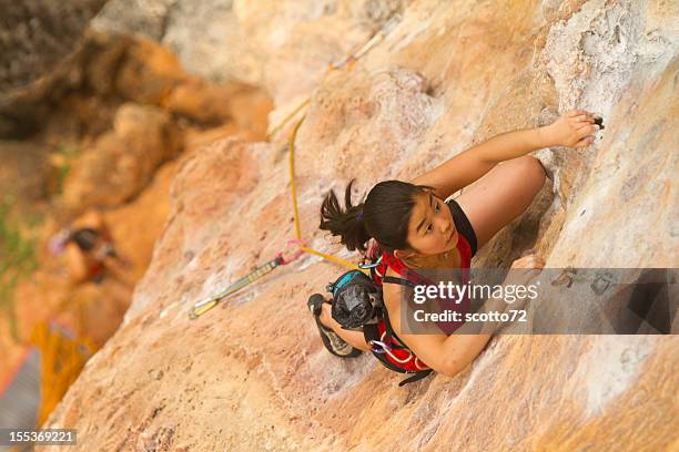 jovem mulher rockclimbing - escalar rochas imagens e fotografias de stock
