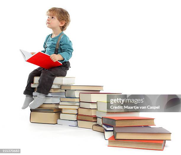 cute baby boy sitting on a book staircase - carly simon signs copies of boys in the trees stockfoto's en -beelden