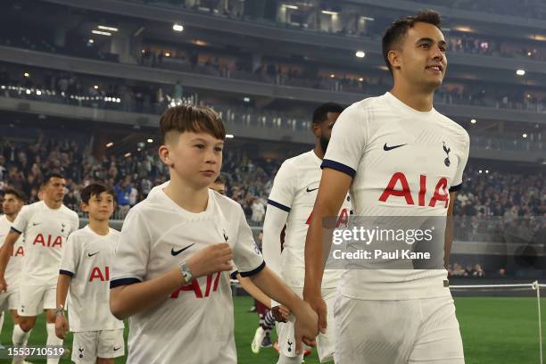 Sergio Reguilon of Hotspur walks out onto the pitch during the pre-season friendly match between Tottenham Hotspur and West Ham United at Optus...