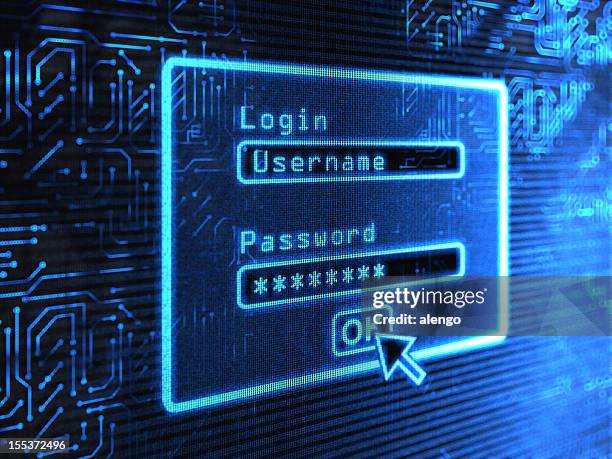 a login and password box on a blue computer screen - passwords stockfoto's en -beelden