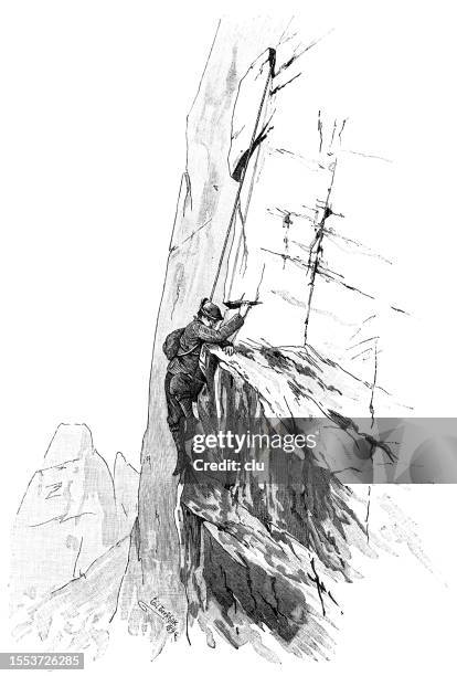 mountaineering, a man climbs high in steep walls, croda da lago - lago stock illustrations