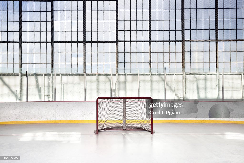 Ice hockey net in an arena
