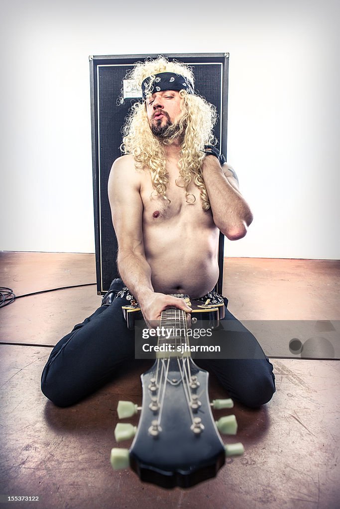 80's Curly Blond Haired Rockstar Rock Star Guitar Outstretched