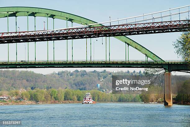 ohio river bridges and barge - ohio river stock pictures, royalty-free photos & images
