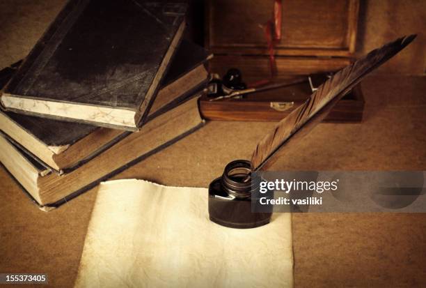 antique desktop surface - inkwell pen stock pictures, royalty-free photos & images