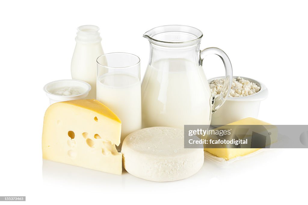 Sortiment der häufigsten Milchprodukte auf weißem Hintergrund