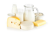 Assortment of most common dairy products on white backdrop
