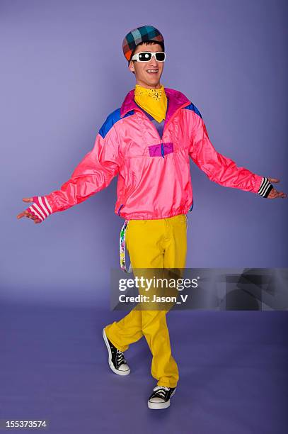 teenager in 1980s fluorescent pink and yellow with cap - vintage model stock pictures, royalty-free photos & images