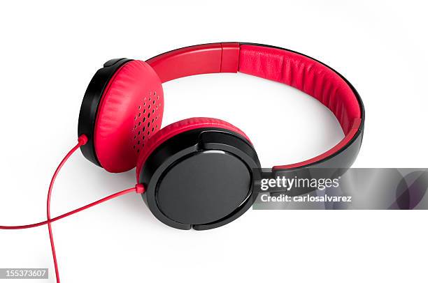 red and black headphones on a white background - headphones white background stock pictures, royalty-free photos & images