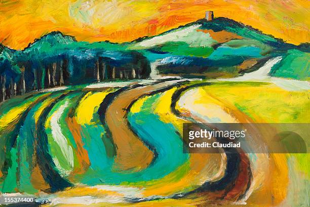 landscape with castle - modern art painting stock illustrations