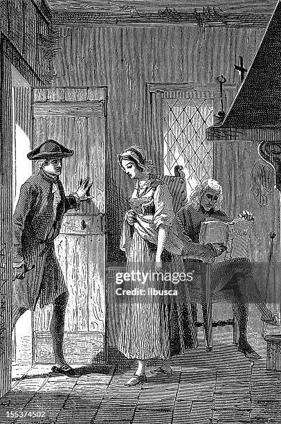 man entering house antique illustration - woman entering home stock illustrations