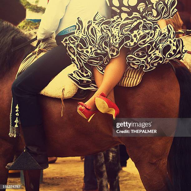 horse rider and woman in flamenco dress - flamenco 個照片及圖片檔