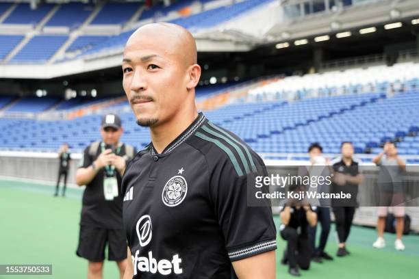 Daizen Maeda of Celtic adidas presents CELTIC FC JAPAN TOUR 2023 Special Talk Show during the Celtic press conference and training session at Nissan...