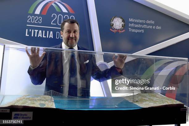 The Deputy Prime Minister and Minister of Infrastructure and Transport, Matteo Salvini, poses in front of the model of The Strait of Messina Bridge a...