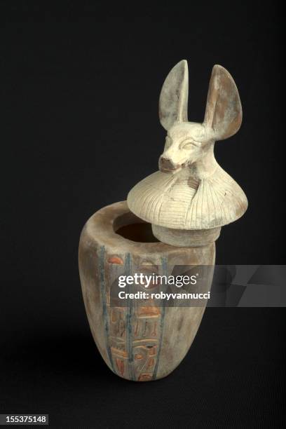 canopic jar with jackal head lid, on velvet black background - antiquities stock pictures, royalty-free photos & images