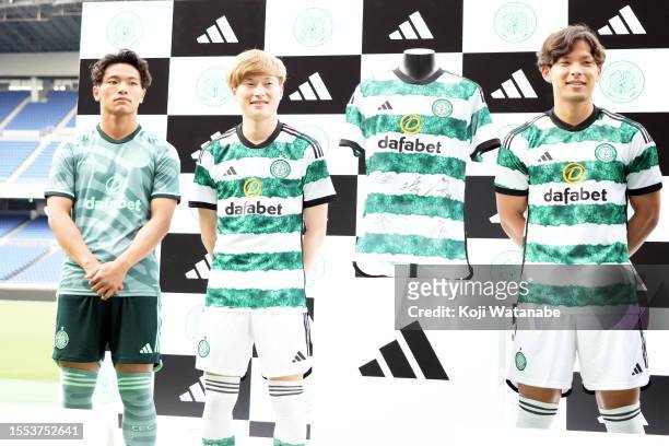 Tomoki Iwata and Kyogo Furuhashi and Reo Hatate of Celtic pose adidas presents CELTIC FC JAPAN TOUR 2023 Special Talk Show during the Celtic press...